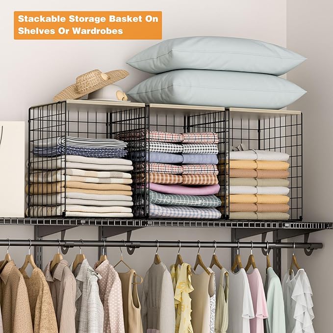 Taller Closet Organizers and Storage with Wood Top, Set of 3 Stackable Wire Storage Bins for Clothes, Bags, Towels, Double St