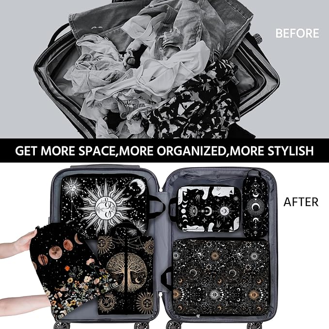 6 Pcs Compression Packing Cubes Waterproof Suitcase Travel Bag Luggage Backpack Organizer Travel Cubes for Packing-Gothic Sty
