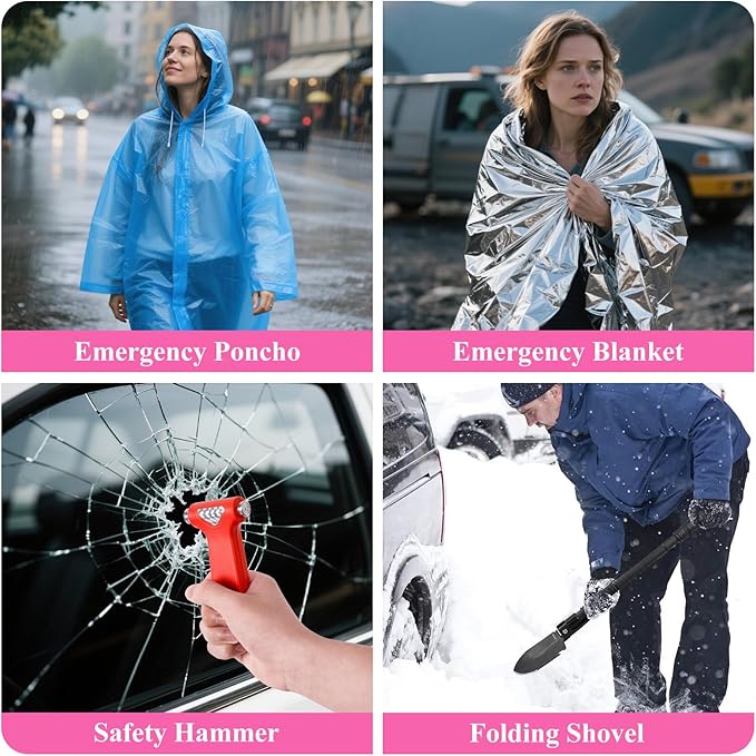 Car Roadside Emergency Kit, Vehicle Truck Safety Emergency Road Side Assistance Kits with Jumper Cables, Pink