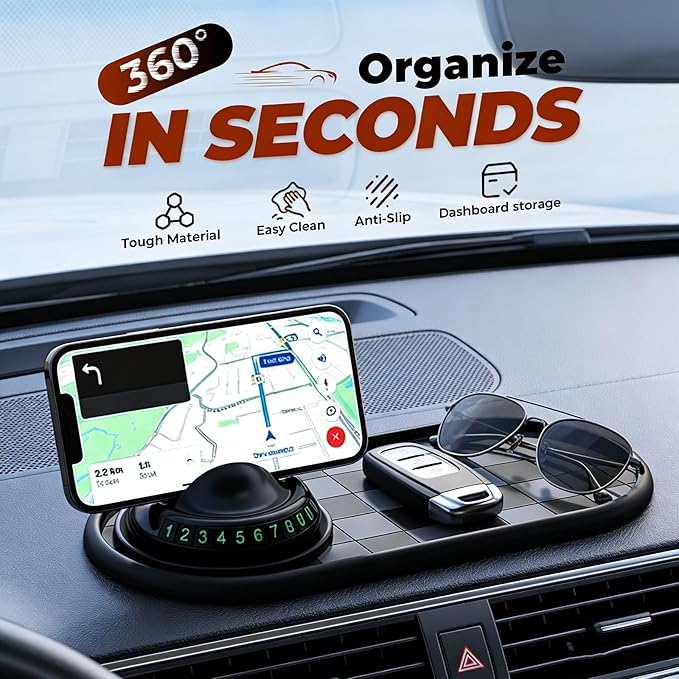Universal Anti-Slip Car Dashboard Mat with Temporary Parking Number, Multi-Functional Mobile Phone Holder for Phones, Sunglas