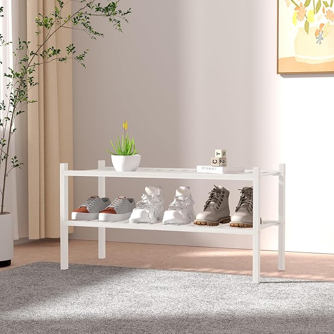 ROMGUAR CRAFT 2 Tier Bamboo Shoe Rack for Closet Free Standing Wood Shoe Shelf for Entryway Small Space Stackable 27"x11"x13"