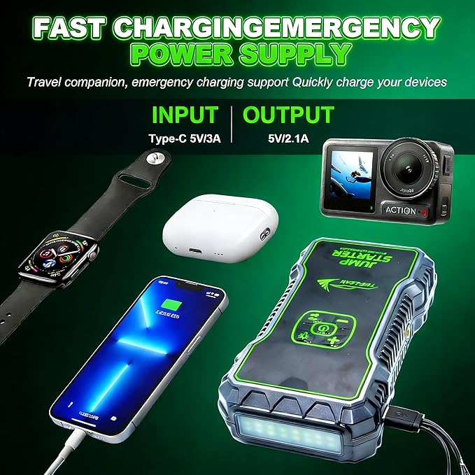 K10A 1000A Jump Starter, Portable Car Battery Jump Starter with Air Compressor, 12V Lithium Battery Booster Pack, Power Bank