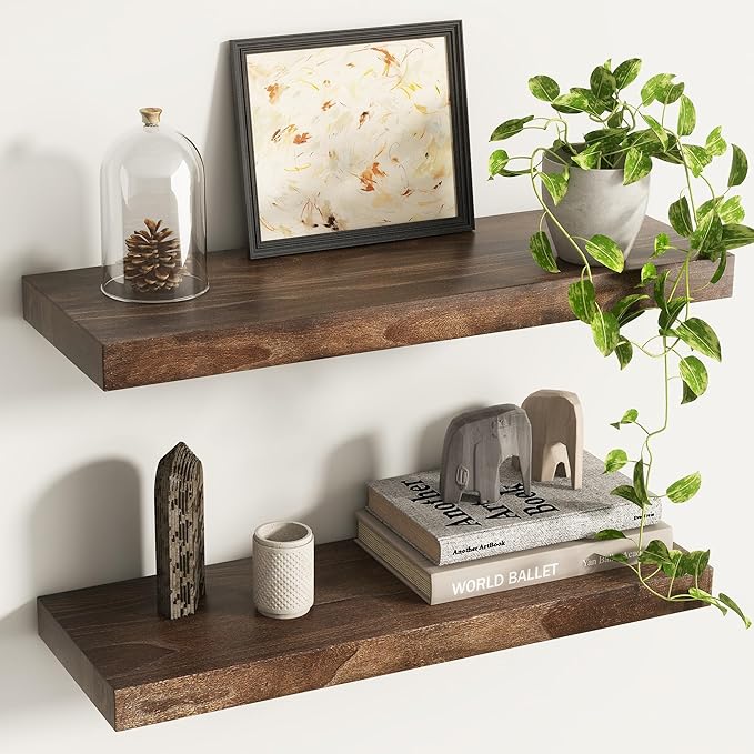 Elm Floating Shelves for Wall Decor, Rustic Solid Wood Shevles Wall Mounted with Invisible Bracket for Living Room Bathroom B