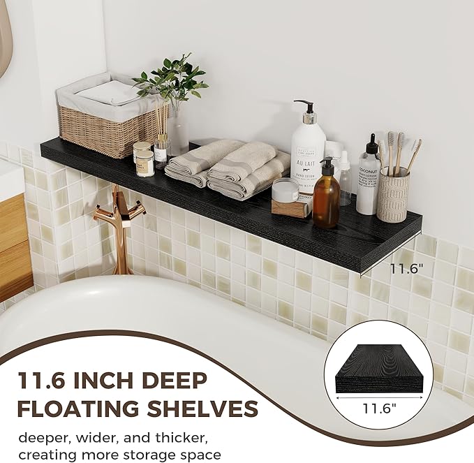 Fun Memories 12 Deep Floating Shelves for Wall, 48W x 12D Extra Large Floating Shelves Set of 2, Hanging Wood Wall Shelves fo