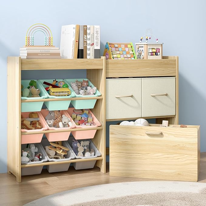 EXPERLAM Toy Storage Organizer for Kids, 9-Bin Toy Organizer with 2-Drawers,Movable Toy Chest and Top Rack, Kids Bookshelf an