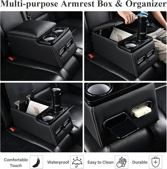 Coverado Car Center Console, Universal Rear Bench Seat Consoles, Truck Seat Organizer and Storage, Back Seat Car Organizer with Cup Holder, Central Armrest Box (Regular, Black)