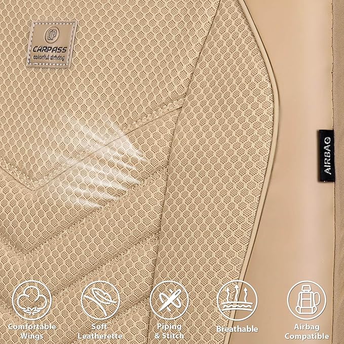 CAR PASS 3D Foam Mesh Leather Car Seat Covers Front Seats, Tan Breathable Front Seat Cover for Cars, Comfortable Universal Fi