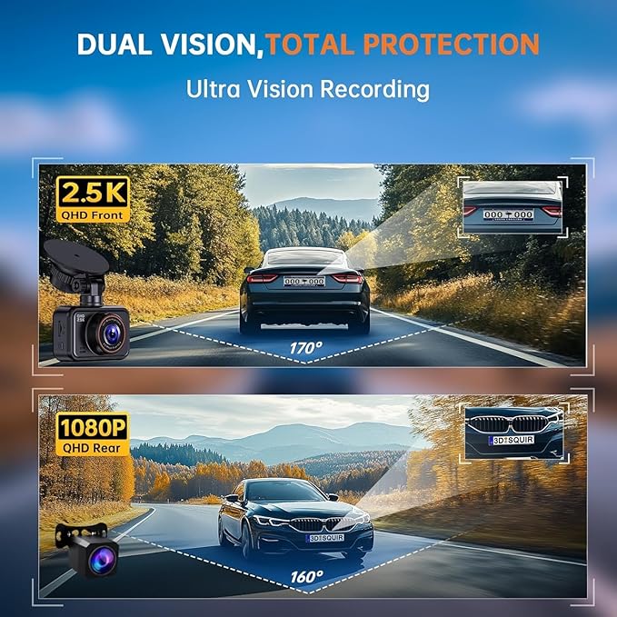 Dash Cam Front and Rear, 2.5K Dual Dash Camera for Cars, 2560P Mini Car Camera, 2 inch IPS Screen, WDR Night Vision, 24 Hours