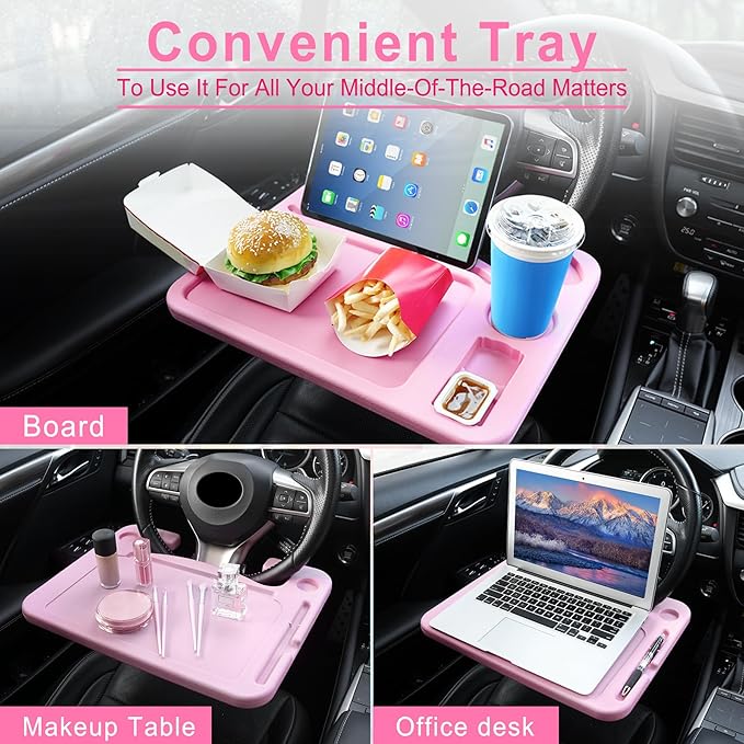 JUSTTOP 4 in 1 Car Steering Wheel Desk for Laptop,Versatile Upgraded Car Seat Tray,Spacious Steering Wheel Table with Tablet Holder and Dual Sauce Racks,Steering Wheel Under Table Console (Large+Pink)