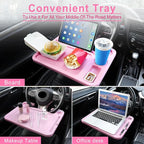 JUSTTOP 4 in 1 Car Steering Wheel Desk for Laptop,Versatile Upgraded Car Seat Tray,Spacious Steering Wheel Table with Tablet Holder and Dual Sauce Racks,Steering Wheel Under Table Console (Large+Pink)
