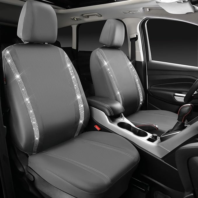 CAR PASS Gray Leather Bling Diamond Car Seat Covers 2 Front Interior Sets, Waterproof Universal Shining Glitter Crystal Sparkle Fit for 95% Automotive Truck SUV Cute Women Girl, Gray Rhinestone