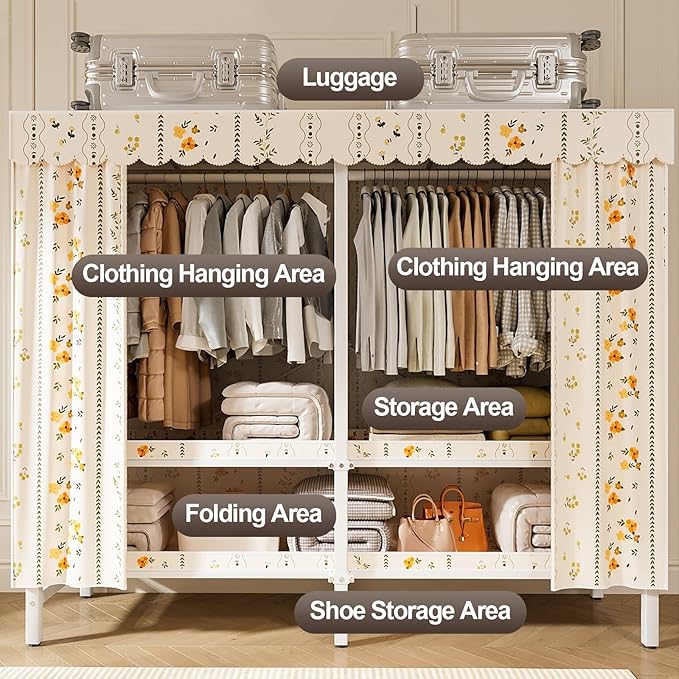Portable Foldable Wardrobe Closet with Cover, Metal Clothing Rack with Hanging Rods, Space-Saving Coat Storage for Bedroom, 1