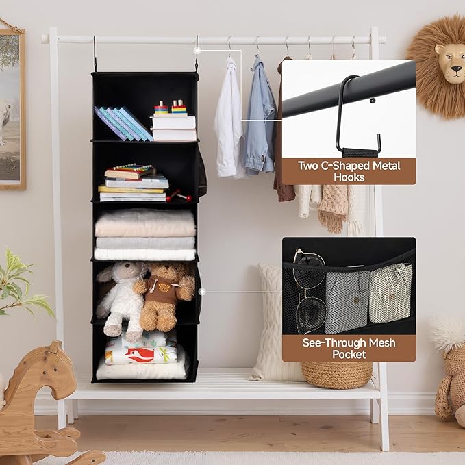 StorageWorks 5-Shelf Hanging Closet Organizers, Foldable Closet Storage Organizer with 2 Side Pockets, Portable Hanging Shelv