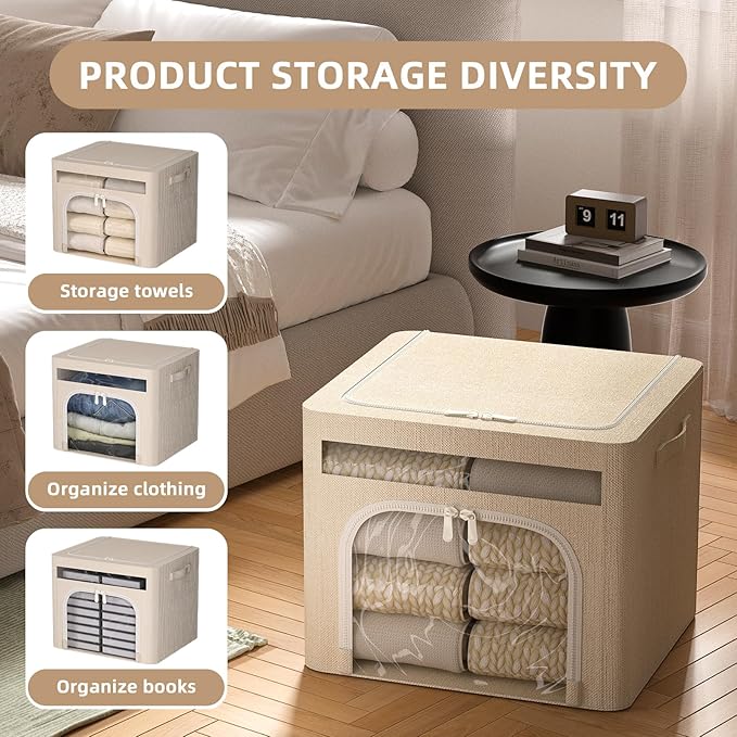 FHSQX 6 Pack Foldable Storage Bins for Clothes Clothes Storage Bins with Metal Frame Stackable Storage Box with Lid (Beige, 1
