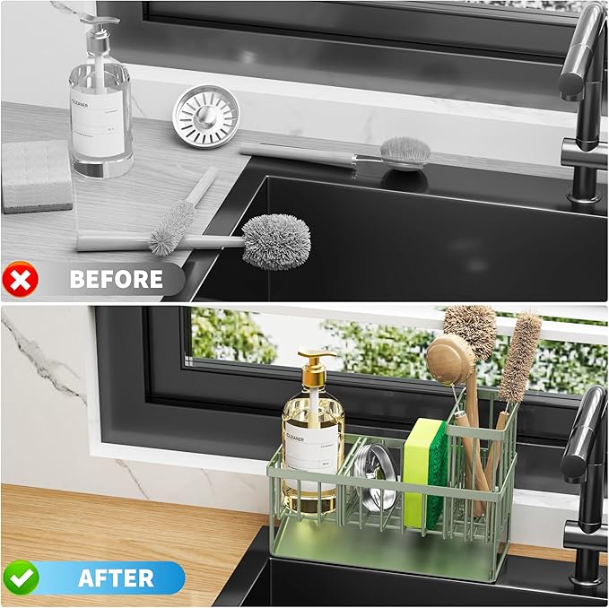 Cisily Kitchen Sink Caddy, Sponge Holder for Kitchen Sink, Kitchen Sink Organzier and Storage with High Brush Holder, 304 Sta