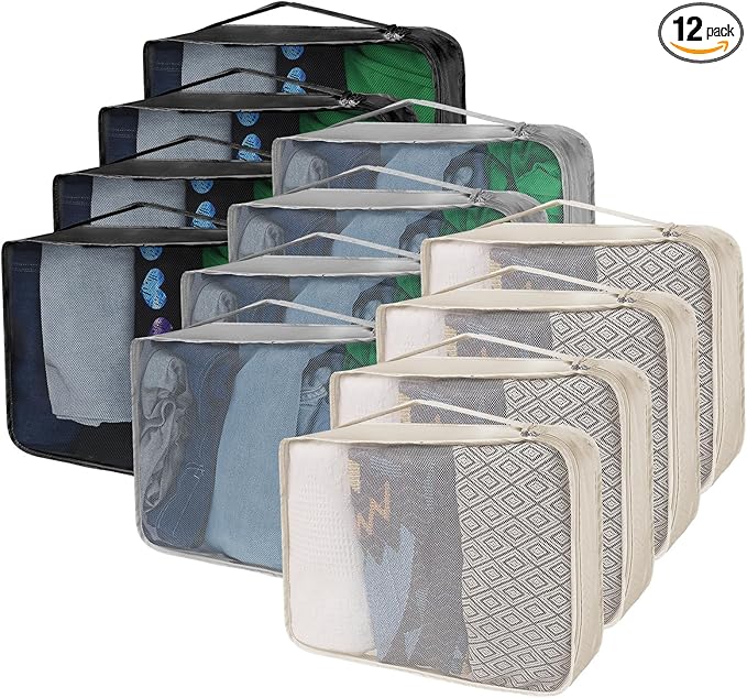 12 Pcs Packing Cubes for Suitcase Travel Luggage Bags Bulk Mesh Organizer Set for Hiking Camping Backpacking Clothes Accessor