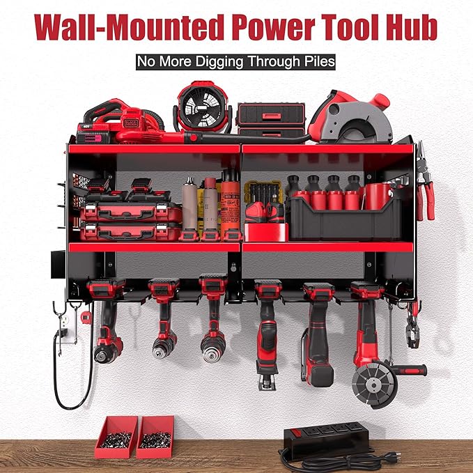 Spampur Heavy Duty Power Tool Organizer Wall Mount with Charging Station – 420 lb Capacity 3-Tier Storage Rack Holds 6 Drills
