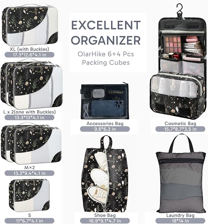 10 Set Packing Cubes for Travel, Gifts for Women Mom,Anti-Tearing Suitcase Organizer for Luggage with Shoe & Hanging Toiletry