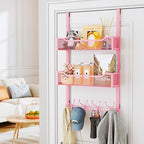 SWTYMIKI Over The Door Hooks Organizer - Multi-Functional Door Hanger with 16 Hooks & 2 Mesh Baskets, Long Coat Rack for Bath