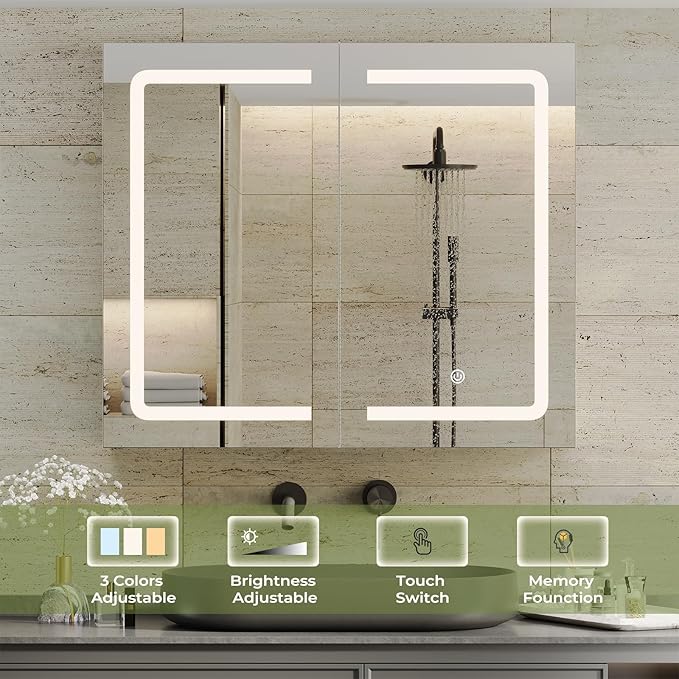 DICTAC Bathroom Medicine Cabinet with Mirrors and Led Lights 27.6x23.62 inch Double Doors Wall Mounted Mirror Cabinet with St