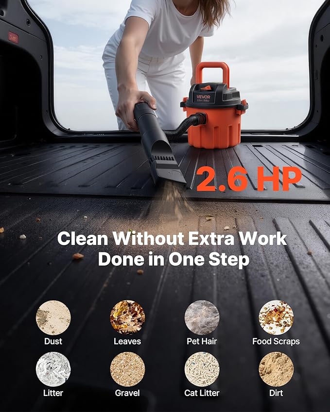 VEVOR Dry Vacuum Cleaner, 2.6 Gallon 2.5 Peak HP Portable Shop Vac with 800W Input Power, Various Nozzles, 1.25in Diameter x 
