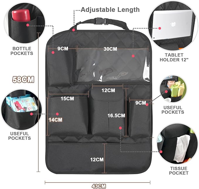 Car Seat Organizers,Multi-functional Back Seat Protectors, Storage Pouches, Child kicking prevention and Tray Holders Kick Mats Back (for Cars, Kids,and Rear Seats) (Black, 2 Pack)