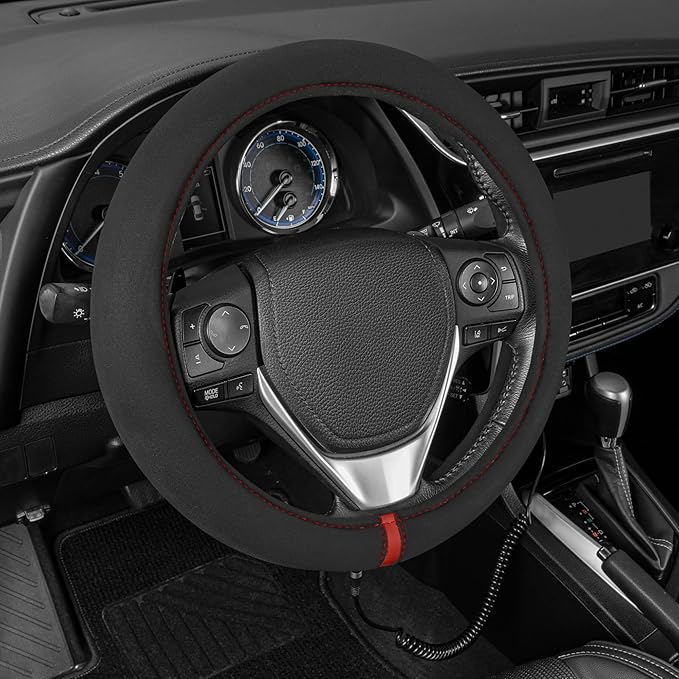 Motor Trend WarmGrip Heated Steering Wheel Cover – Hand Warming Steering Wheel Protector, Heats up Quickly - Fits Wheels 14.5-15.5" for Car Truck Van SUV (Black/Gray Color)