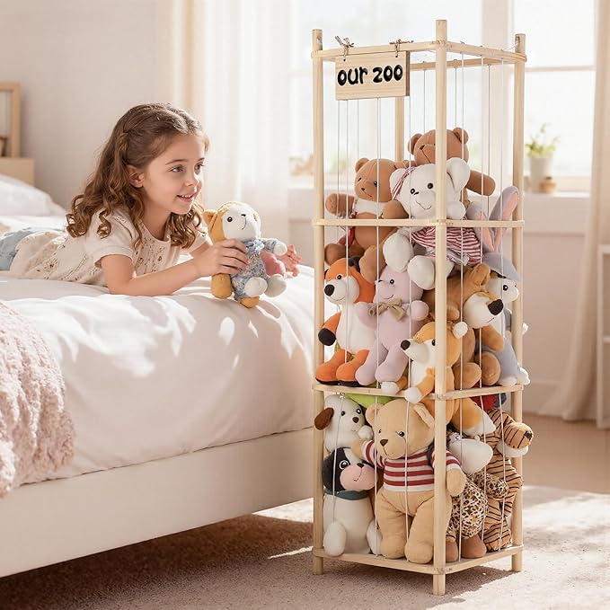 LAMU Stuffed Animal Storage, Wooden Zoo Stuffed Animal Holder with Elastic Cords, Space Save Toy Organizer, Extra Large Capac