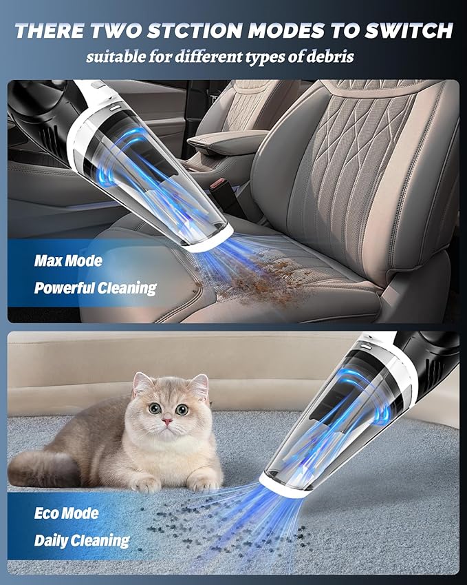 BRL Handheld Vacuum Cordless, Car Vacuum Cleaner with Powerful Suction, 2 Modes Mini Hand Vacuum, Dry & Wet, LED Light, Porta