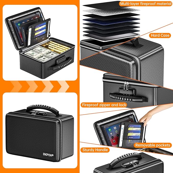 ENGPOW Fireproof Money Box, Small Hard Case Fireproof Box with Fireproof Zipper ＆ Lock, 6400°F Heat Insulated Fireproof Water