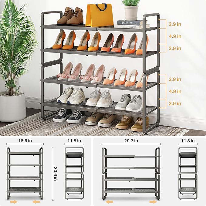 SNTD Shoe Rack - Expandable Shoe Organizer for Closet, Adjustable Metal Shoe Shelf Storage, Stackable Long Shoe Stand Holder 
