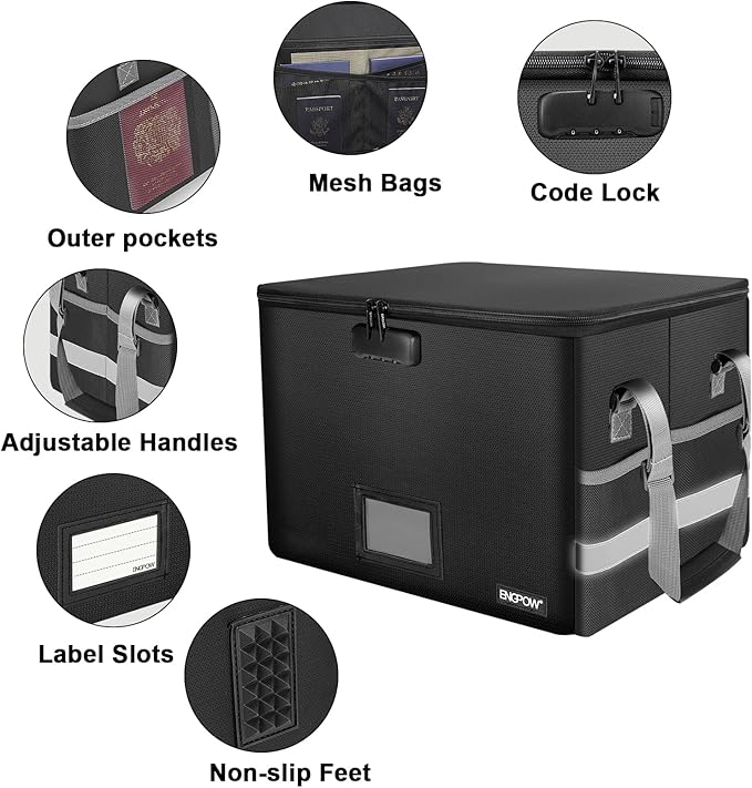 ENGPOW File Box with Lock, Fireproof Document Box with Pockets, Collapsible File Organizer Filing Storage Cabinet with Handle