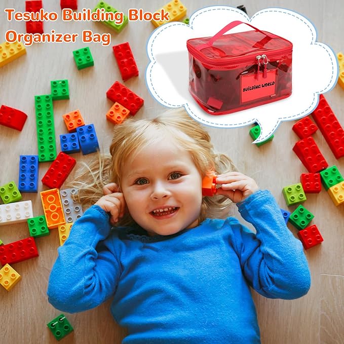 Tesuko 6 Pack Clear Toy Storage Bag with Name Tag& Manual Pocket, Waterproof Transparent PVC Toy Organizer Case for Lego Bric