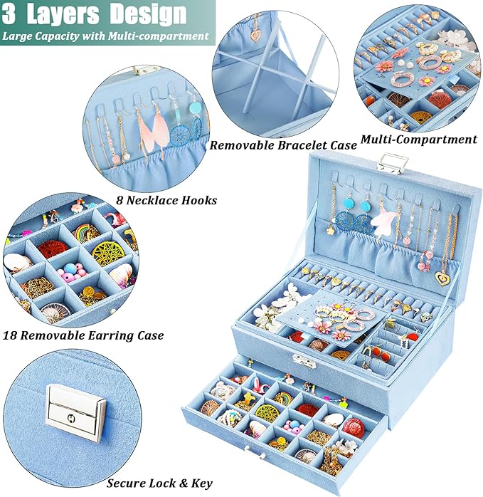 QBestry 3-Layer Jewelry Box for Girls & Teens with Lock and Key, Large Jewelry Organizer with 8 Necklace Hooks & 56 Earring H