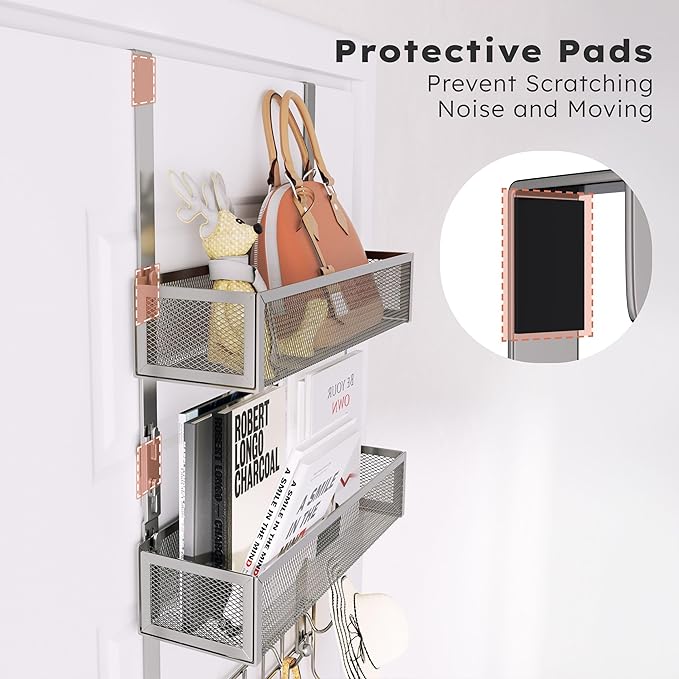 Consumest Over The Door Hooks Organizer - Extra Long Door Hanger with 9 Coat Hooks & 2 Mesh Basket, Back Storage Organizer Ha