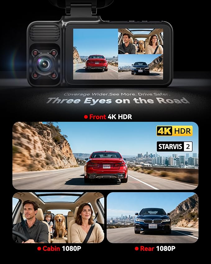 REDTIGER F17 4K 3 Channel Dash Cam, STARVIS 2 IMX675 HDR, 2160P+1080P+1080P Front Inside and Rear Triple Car Camera with 64GB