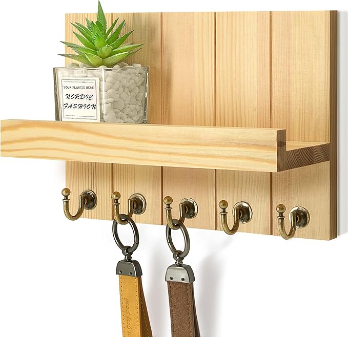 Rebee Vision Pine Wood Key Holder Wall Mount with 5 Hooks and Shelf – Farmhouse Key Holder for Wall for Entryway Organization