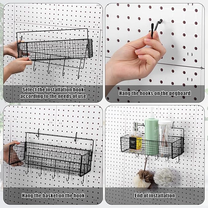 Shimeyao 2 Pcs Pegboard Accessories Set Including 2 Pegboard Baskets Bins with 5 Hooks 4 extra Hooks Black Metal Wire Basket 