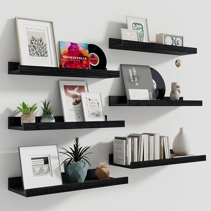 Fun Memories Picture Ledge Shelf, 16 Inch Long Floating Shelves Set of 6, Picture Shelf for Wall with Lip, Large Nursery Book