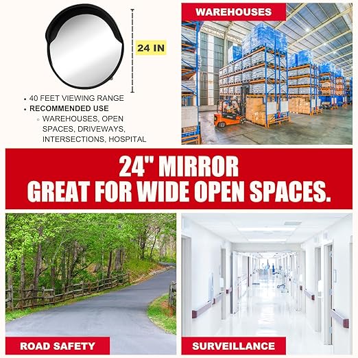 SecurityMan Large 24 Inch Convex Mirror for Blind Spots - Shatterproof Polycarbonate, 180° Wide View for Driveways, Intersections, Warehouses, Roads, and Large Areas - Indoor & Outdoor Security Mirror