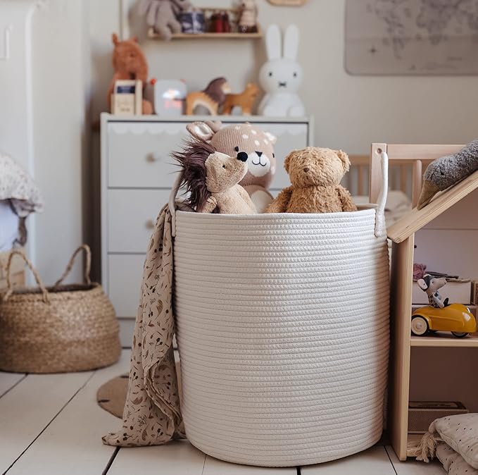 OrganiHaus Large Off-White Woven Laundry Basket w/Handles 52L, Rope Dirty Clothes Hamper, Blanket Basket for Living Room, Bab