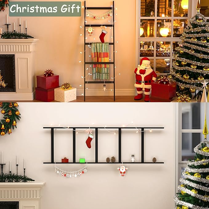 POXAKA Blanket Ladders for The Living Room, 5-Tier Blanket Holder, Wall-Leaning Blanket Rack, Ladder Shelves, Wooden Quilt La