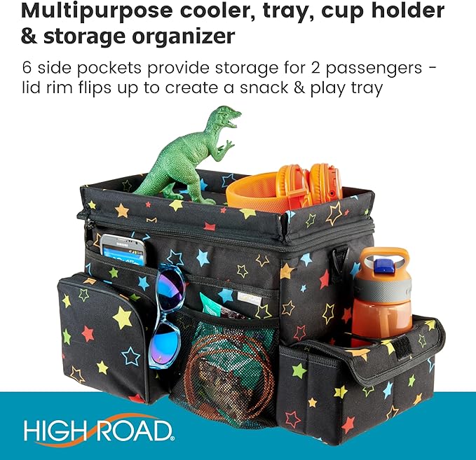 High Road CarHop Car Organizer for Kids and Passenger Seat Organizer for Adults - Road Trip Cooler with Car Cup Holder Tray and 6 Organization and Storage Pockets