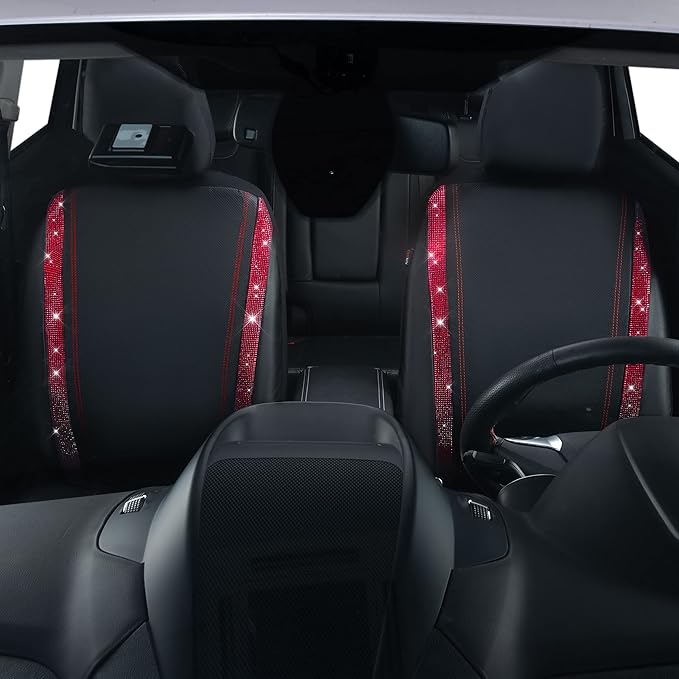 CAR PASS Leather Bling Diamond Car Seat Covers 2 Front Interior Sets, Waterproof Universal Shining Glitter Crystal Sparkle Fit for 95% Automotive Truck SUV Cute Women Girl, Black Red Rhinestone