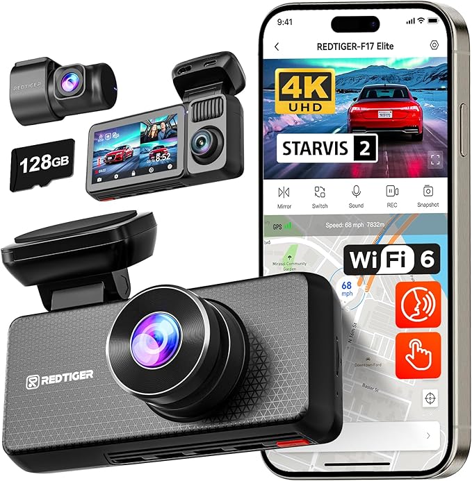 REDTIGER F17 Elite 4K Dash Cam 3 Channel, STARVIS 2 IMX678 & IMX675, 128GB Card, Full Night Color, 4K+2.5K+1080P Front and Re