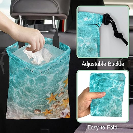 Starfish and Seashells Car Garbage Bag,Summer Ocean Waterproof Small Car Trash Bag Hanging Back of Seat,Drawstring Hanging Car Trash Bag with Adjustable Buckle for Car Accessories