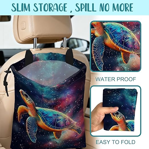 Colorful Galaxy Nebula Car Garbage Bag Sea Turtle Drawstring Car Trash Bag Hanging for Back Seat with Adjustable Buckle Canvas Vehicle Trash Can Easy-to-Install