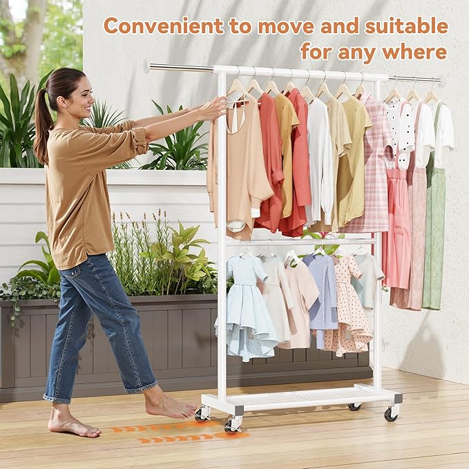 Double Clothing Rack, Clothes Rack for Hanging Clothes, Rolling Garment Rack with Adjustable Rod, White