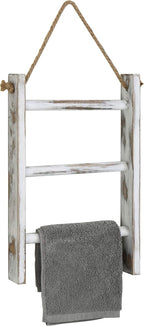 MyGift Rustic Hand Towel Holder, Whitewashed Solid Wood Farmhouse Bathroom Decor, Small Blanket Ladder for Home Decor, Wall M