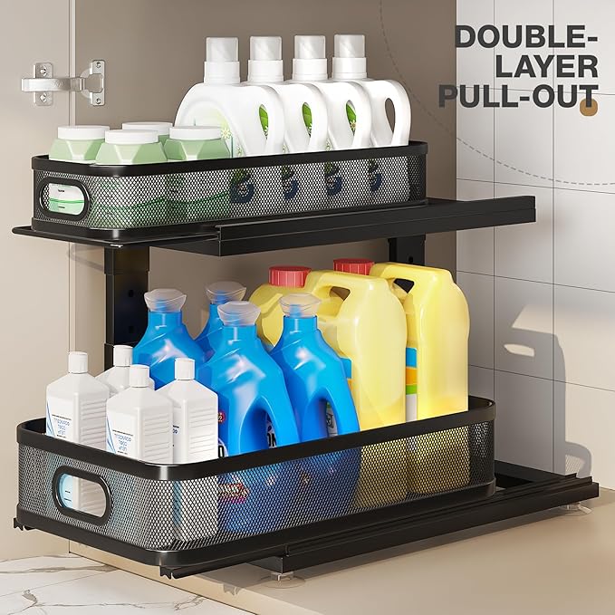 2 Pack 18.5IN-Depth Under Sink Organizer With Next-Gen Ball-Bearing Slides,2-Tier Precision Mesh Pull Out Cabinet Storage for
